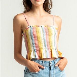 Billabong keep your cool rainbow smocked shirred peplum crop cami. Size S